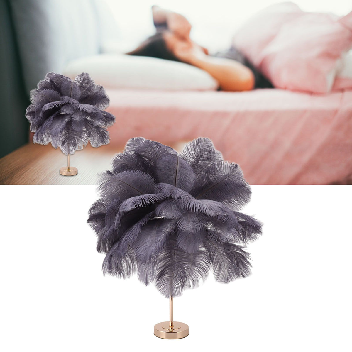 Ostrich Feather Table Lamp Rechargeable Modern Romantic Decoration Lamp Bedroom Bedside Lamp for Home Decoration Grey