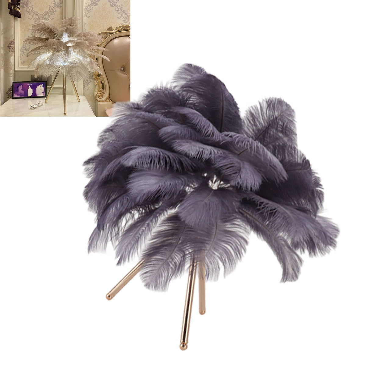Feather Table Lamp USB Rechargeable Ostrich Feather Desk Light with Gold Tripod for Bedroom 40Pcs Artificial Feather Grey