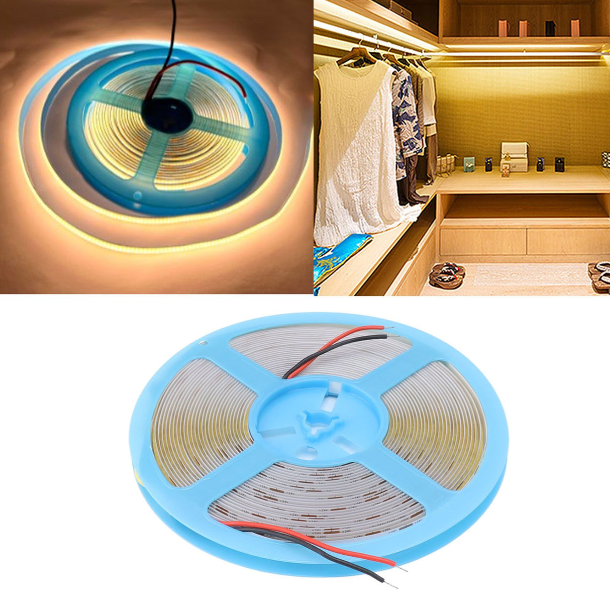 COB LED Strip Light 320LEDs 110lm Adhesive Uniform Natrual Flexible Tape Light for Indoor Home Cabinet 24V 32.8ft 3000K Warm Light