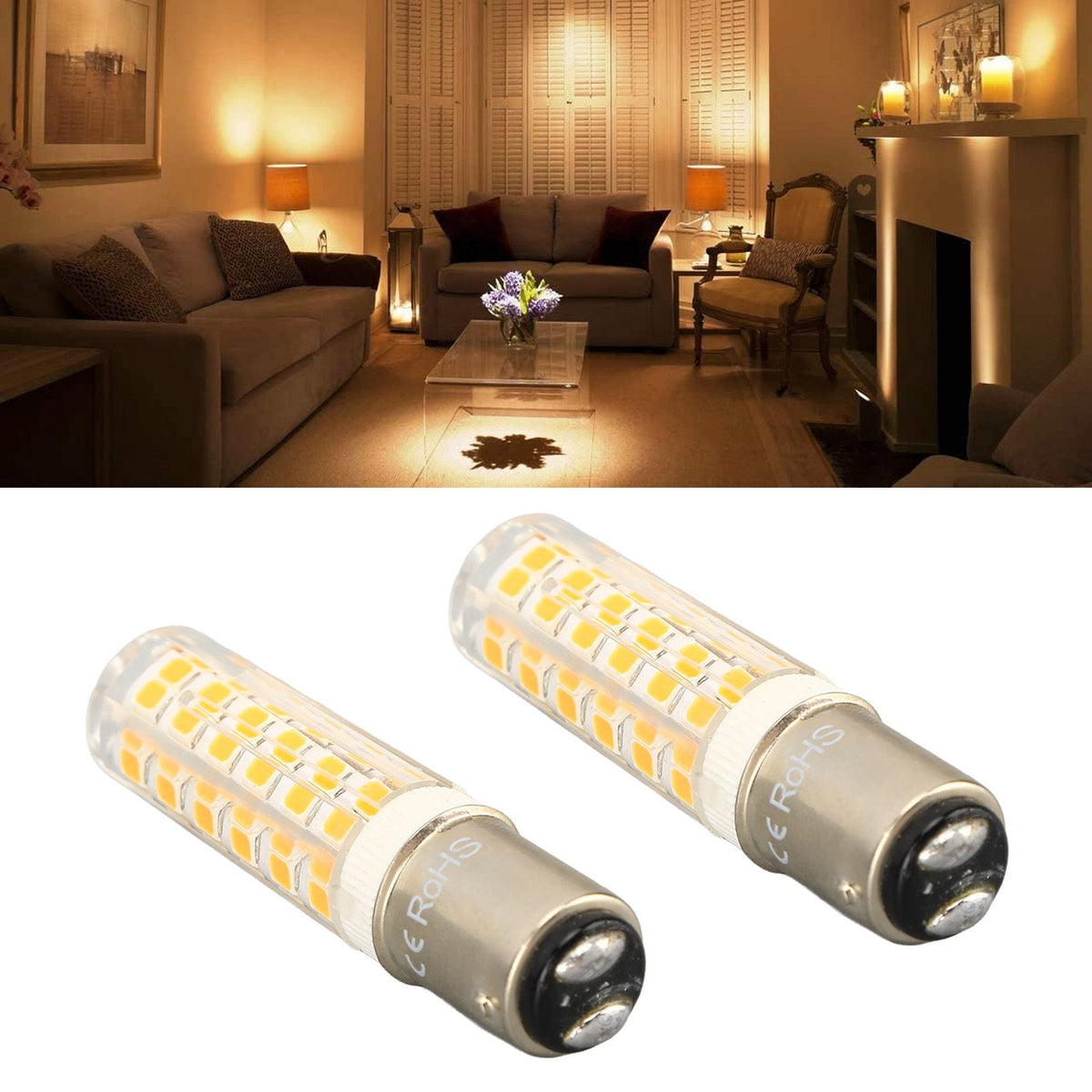2pcs BA15D Led Bulbs Dimmable 6W Double Contact DC Bayonet Base 540LM 76 LED Warm Light 60W Halogen Bulbs Equivalent 100‑130V