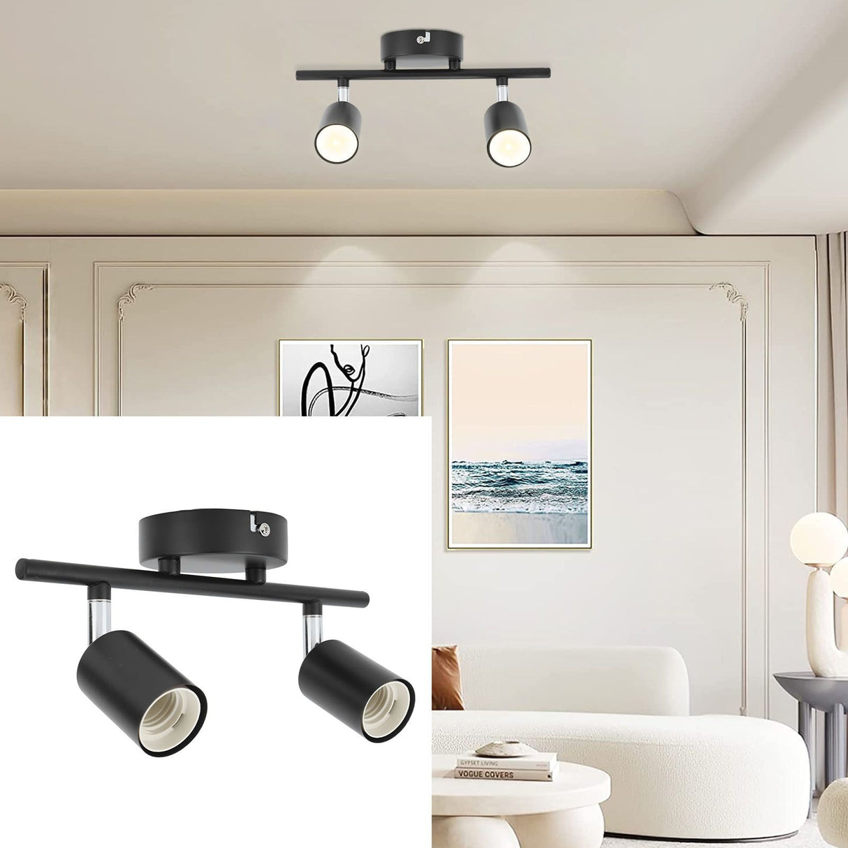 Flush Mount Ceiling Track Light Holder 2 Light Rotating Adjustable Lampholder for E27 Bulb LED Bulbs
