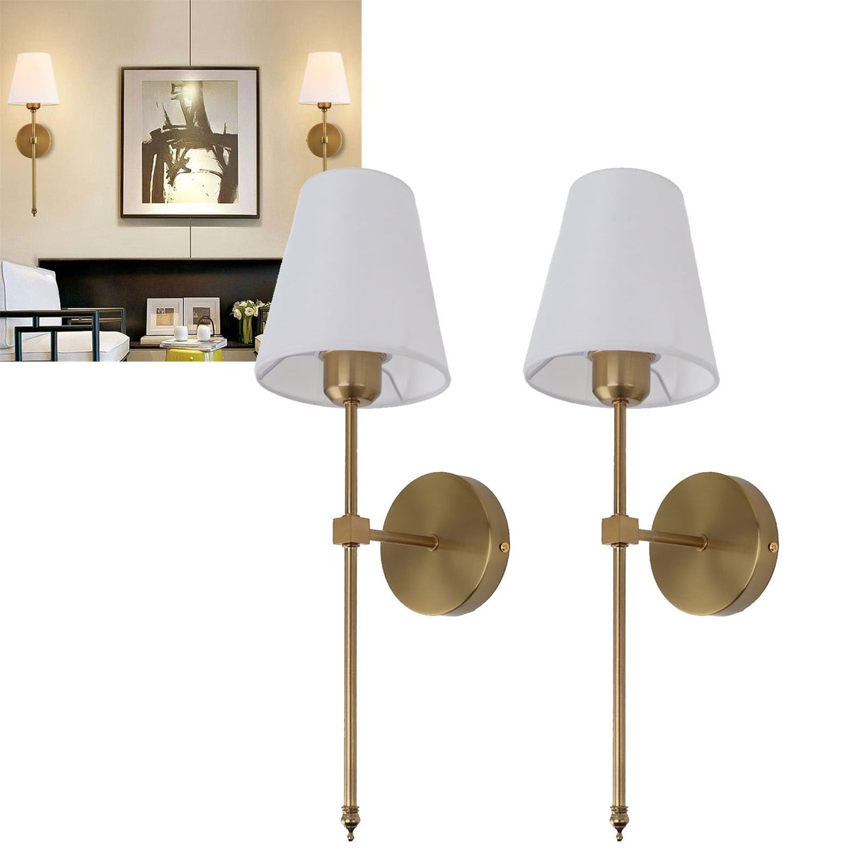Wall Sconces Sets of 2 Hardwired Bathroom Vanity Light Fixture with White Lampshade E26 E27 Wall Lamp Holder 85‑265V Gold