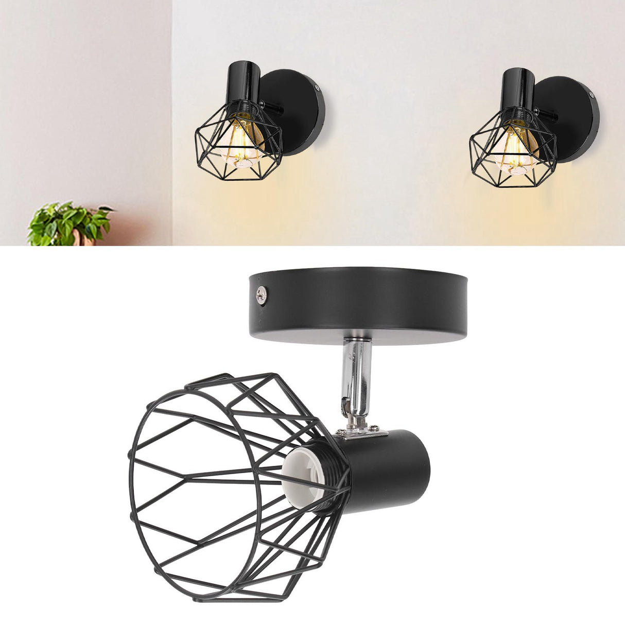 Wall Lamp Holder with Metal Cage E14 Industrial Style Metal Vintage Wall Sconce Holder Matte Black 85‑265V