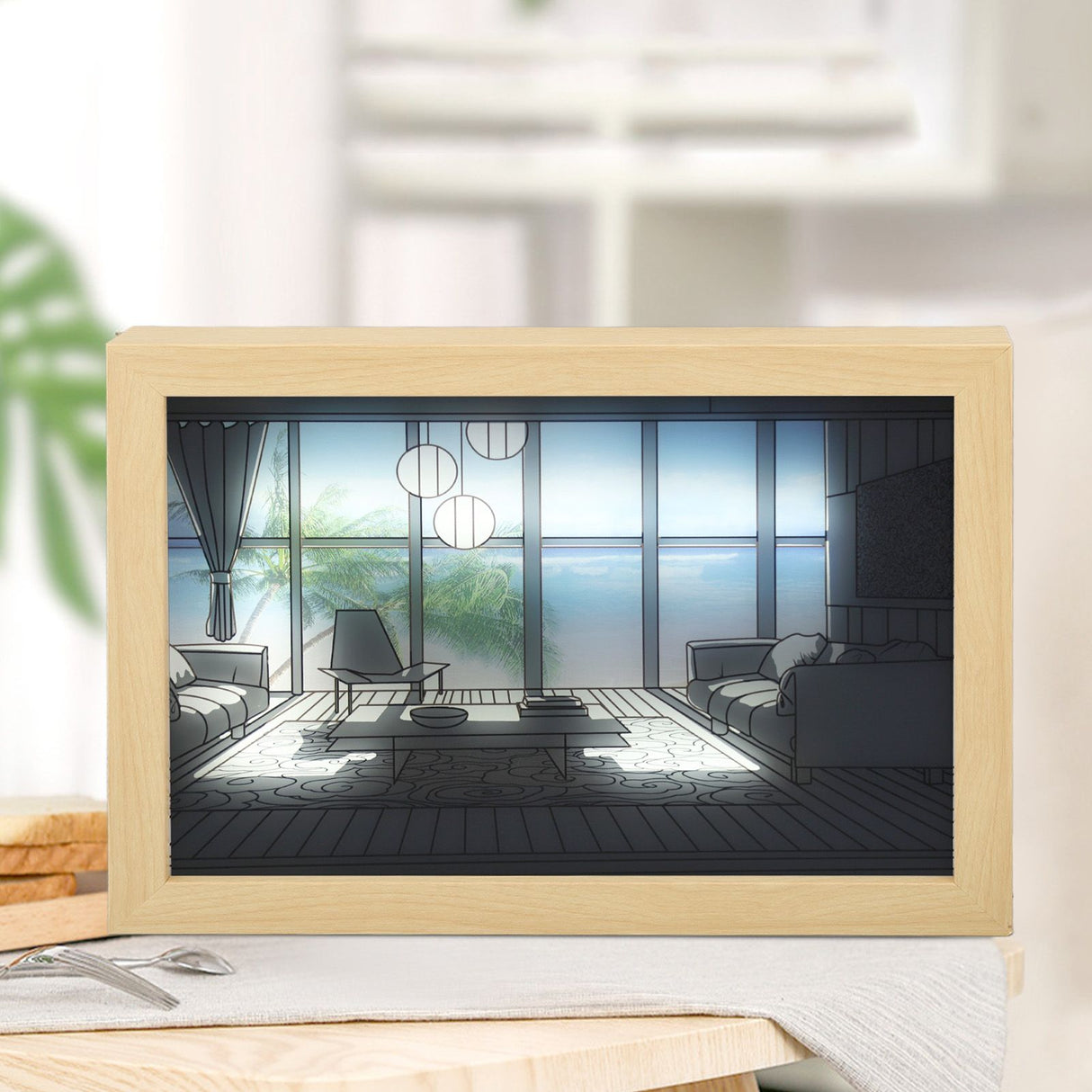LED Decorative Light Painting USB Powered Japan Anime Style Seaside Modern Simulate Sunshine Drawing Night Light for Bedroom Living Room Office L