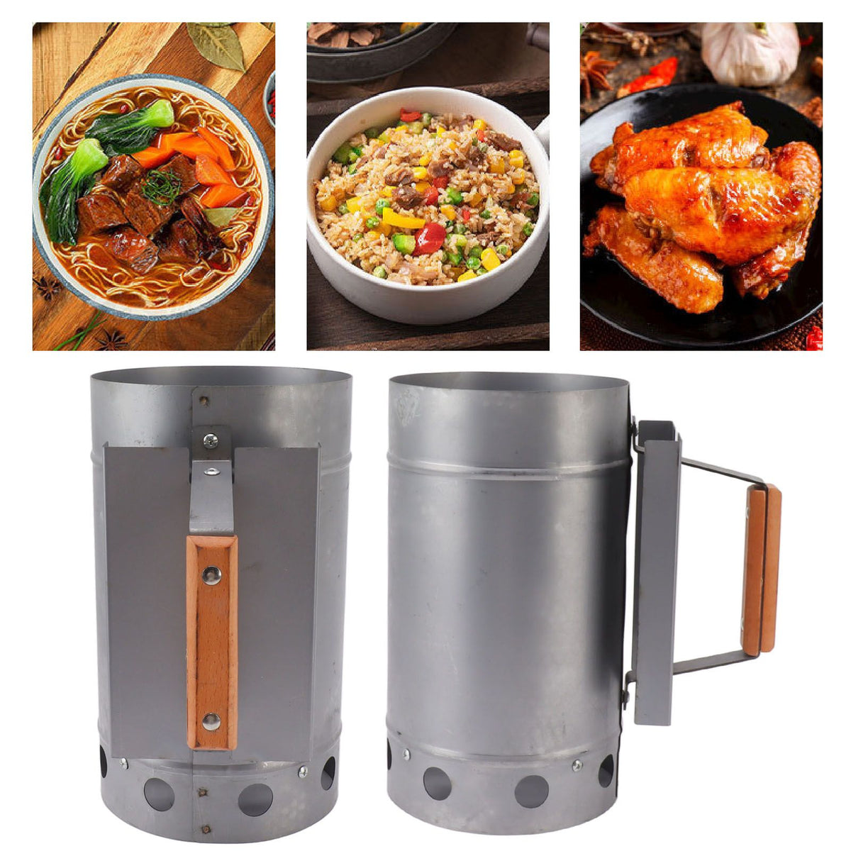 Grill Chimney Starter Wood Handle Compact Barbecue Chimney Starter for Outdoor Cooking Camping
