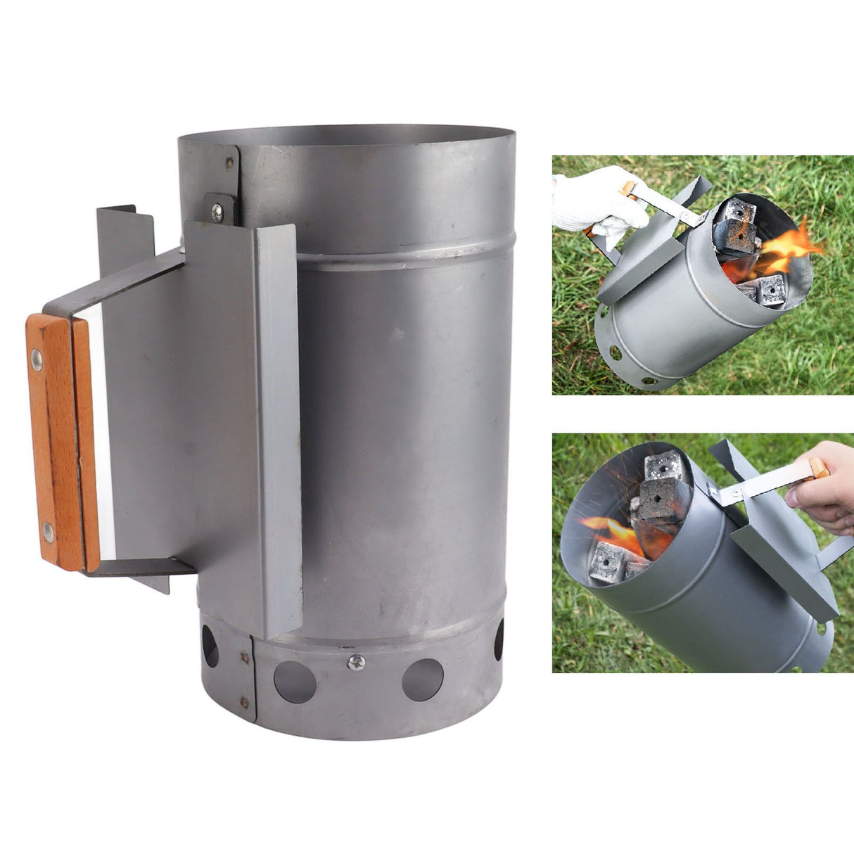 Grill Chimney Starter Wood Handle Compact Barbecue Chimney Starter for Outdoor Cooking Camping