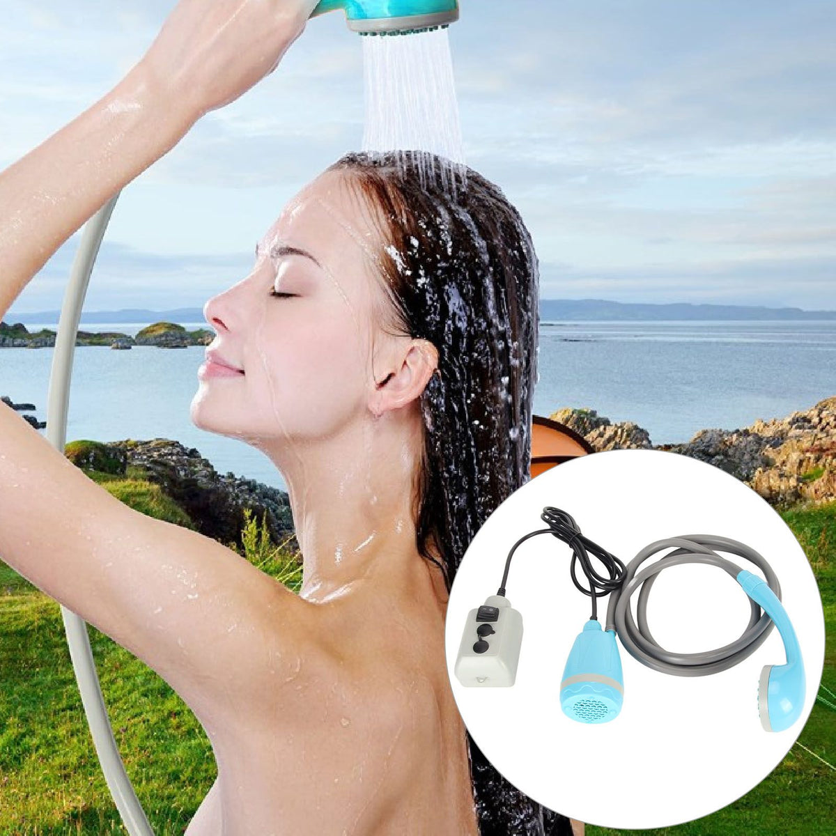 Portable Outdoor Shower Kit USB Rechargeable Camping Shower Set with Water Pump Blue