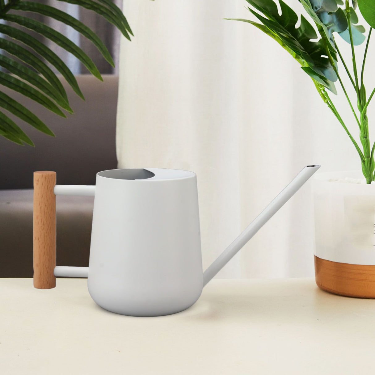 Watering Can 900ml Stainless Steel Long Spout Wooden Handle Elegant Flower Watering Pot for Garden Family Outdoor White