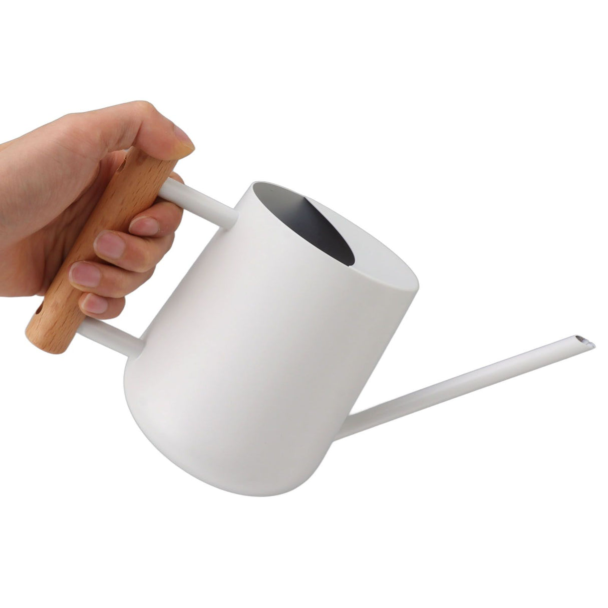 Watering Can 900ml Stainless Steel Long Spout Wooden Handle Elegant Flower Watering Pot for Garden Family Outdoor White