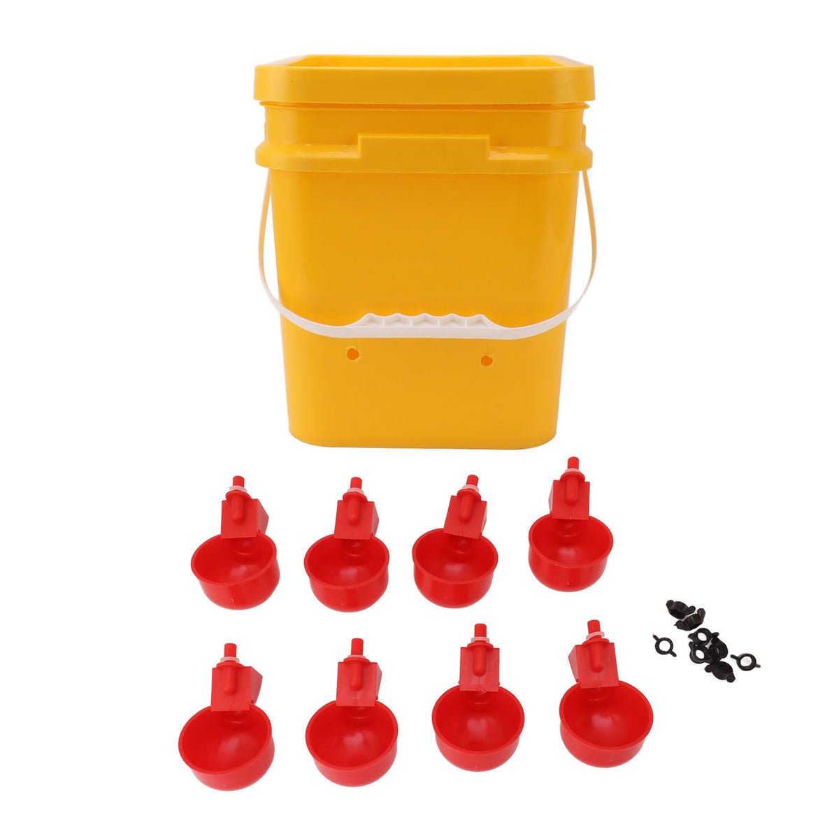 Automatic Chicken Waterer Cup with 12L Handheld Barrel Poultry Drinking Equipemnt for Goose Duck Bucket + Red Bird Bowl + Black Screws