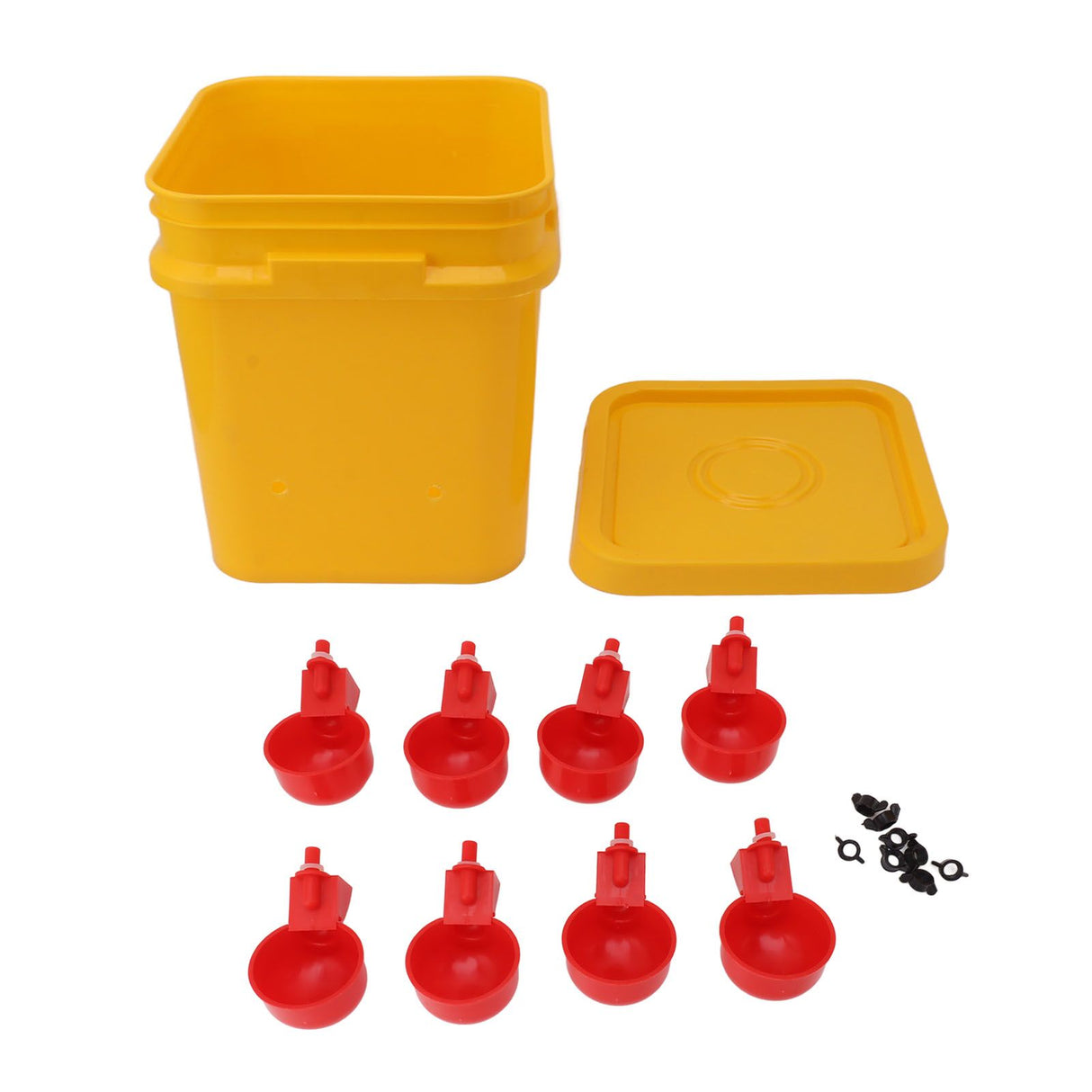 Automatic Chicken Waterer Cup with 12L Handheld Barrel Poultry Drinking Equipemnt for Goose Duck Bucket + Red Bird Bowl + Black Screws