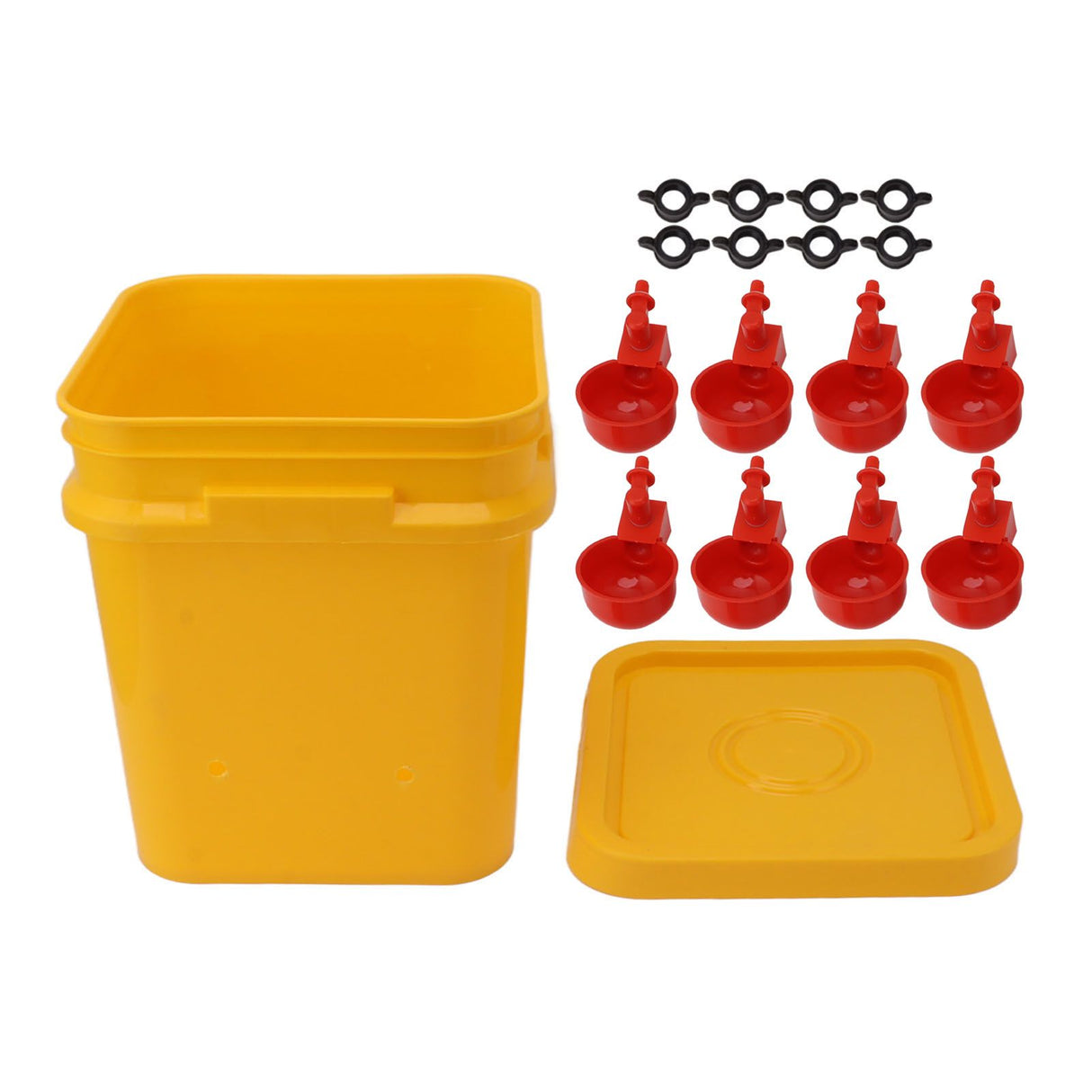 Automatic Chicken Waterer Cup with 12L Handheld Barrel Poultry Drinking Equipemnt for Goose Duck Bucket + Conjoined Red Bird Bowl+ Black Screws