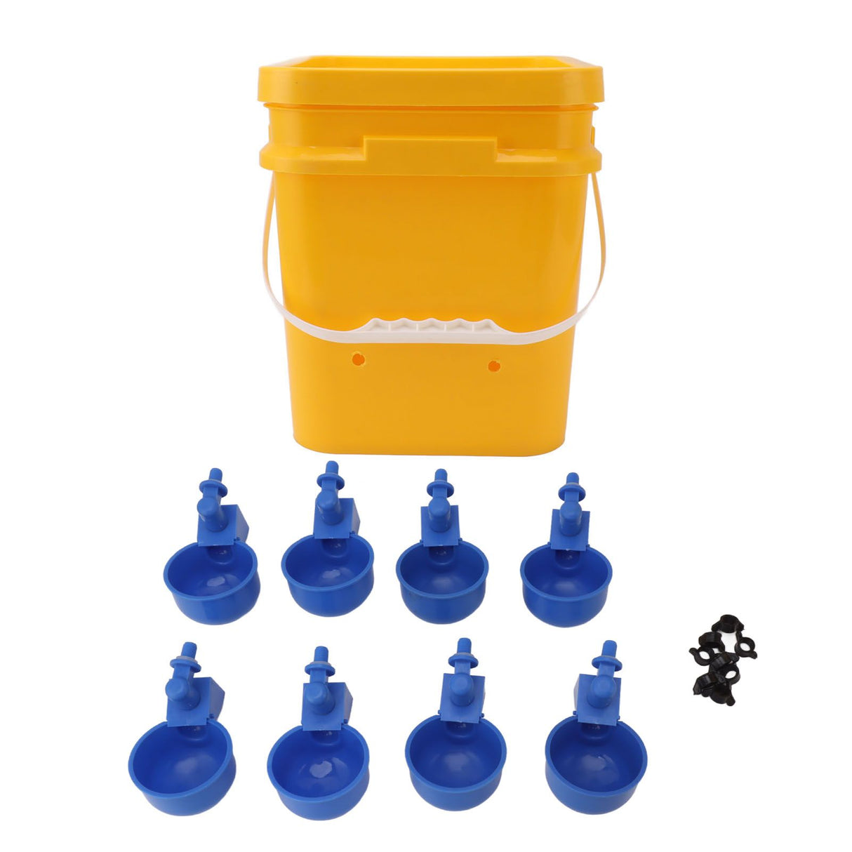 Automatic Chicken Waterer Cup with 12L Handheld Barrel Poultry Drinking Equipemnt for Goose Duck Bucket + Blue Bird Bowl + Black Screws