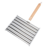 Detachable Stainless Steel Hot Dog Sausage Roller Rack Steamer With Extra Long Wood Handle 4 Skewers 6 Stick Design BBQ Tools L - Rear View