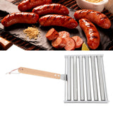 Detachable Stainless Steel Hot Dog Sausage Roller Rack Steamer With Extra Long Wood Handle 4 Skewers 6 Stick Design BBQ Tools L - Extra Image