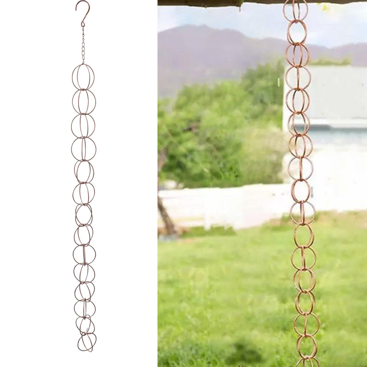 Metal Rain Chain Drainage Function Decorative Ring Wind Chime with Hook for Home Balcony Patio