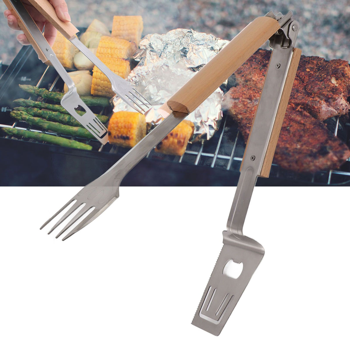 Grill Spatula Fork Tongs Durable Stainless Steel Food Tongs Multifunctional Long Handle Buffet Tongs for Camping