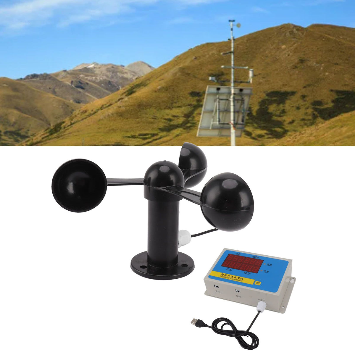 Tower Crane Anemometer Wind Speed Alarm USB 3 Fan Blades Accurate Aluminium Alloy Power Failure Memory Wind Anemometer 220V