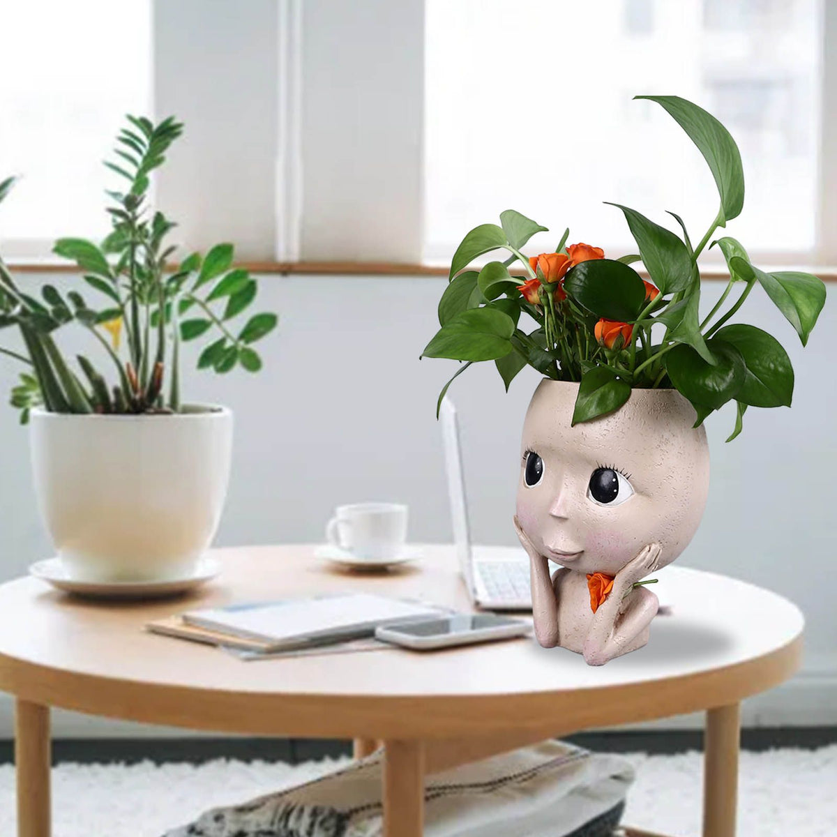 Face Planter Pots Large Caliber Resin Drainage Hole Design Creative Head Succulent Planters Pot for Herbs Succulents Cacti