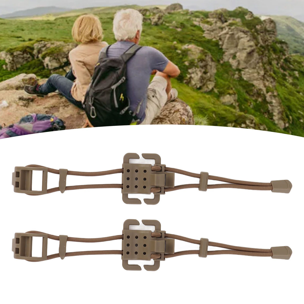 2Pcs Backpack Binding Clip MOLLE Gear Organizer Fastener Elastic Binding Buckle Carabiner Clip Bags Clasp Cord Fix Gear Elastic Strap Khaki
