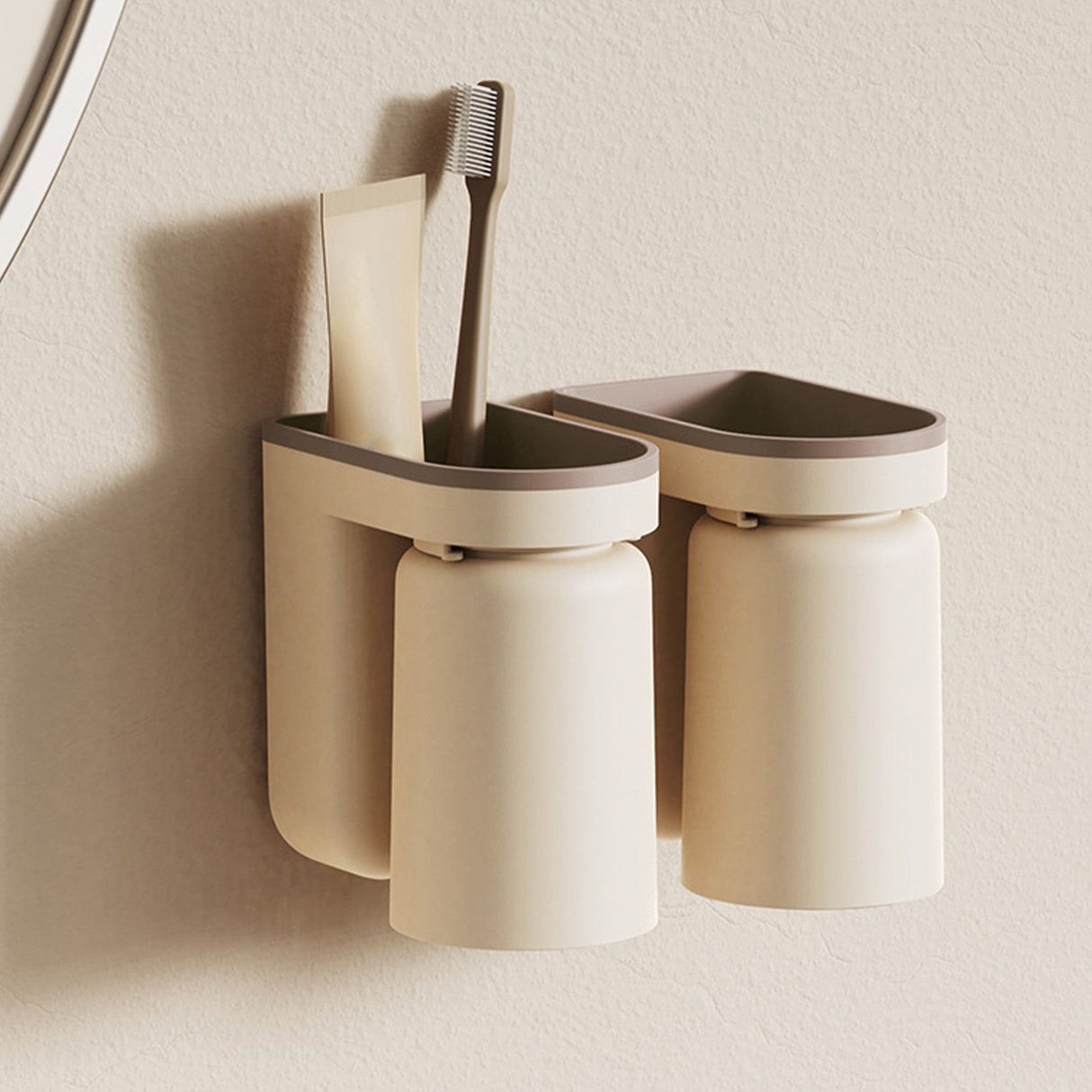 Wall Mounted Toothbrush Holder with Drainage Function Self Adhesive Toothbrush Holder with Cups for Bathroom Beige