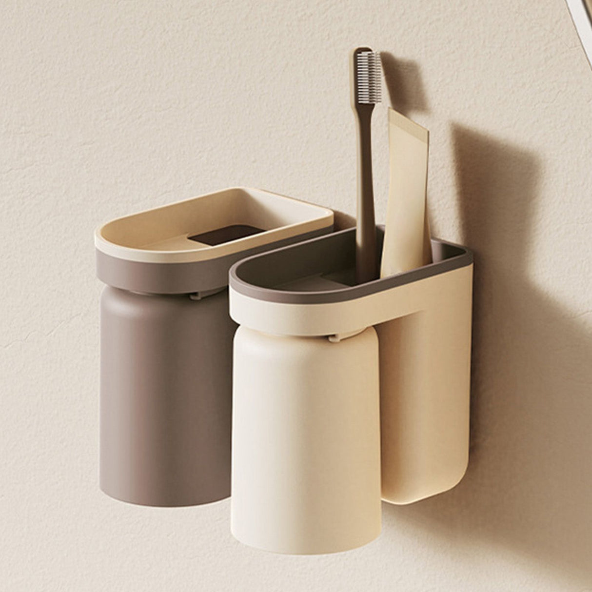 Wall Mounted Toothbrush Holder with Drainage Function Self Adhesive Toothbrush Holder with Cups for Bathroom Beige