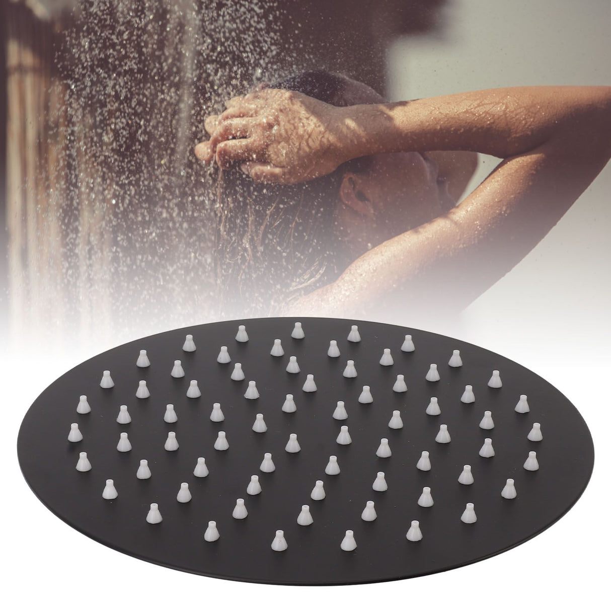 Ultra Thin Rainfall Shower Head Rain Waterfall Stainless Steel Fixed Showerhead Round Black 8in