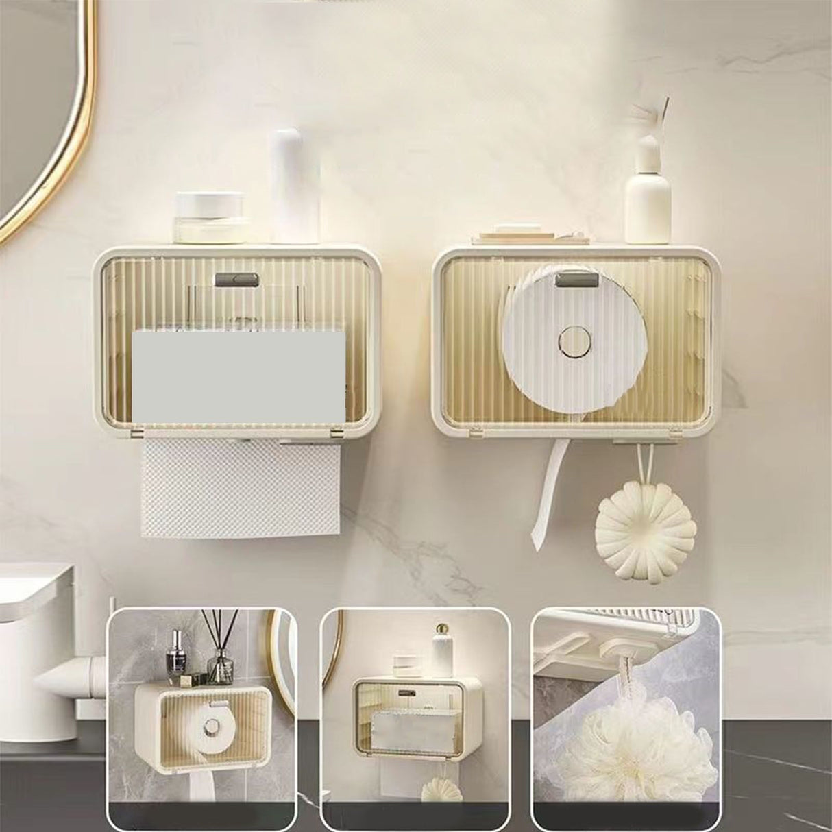 Tissue Box Cover Wall Mounted 2 in 1 Waterproof Tissue Holder Dispenser Box Cover for Bathroom Transparent White