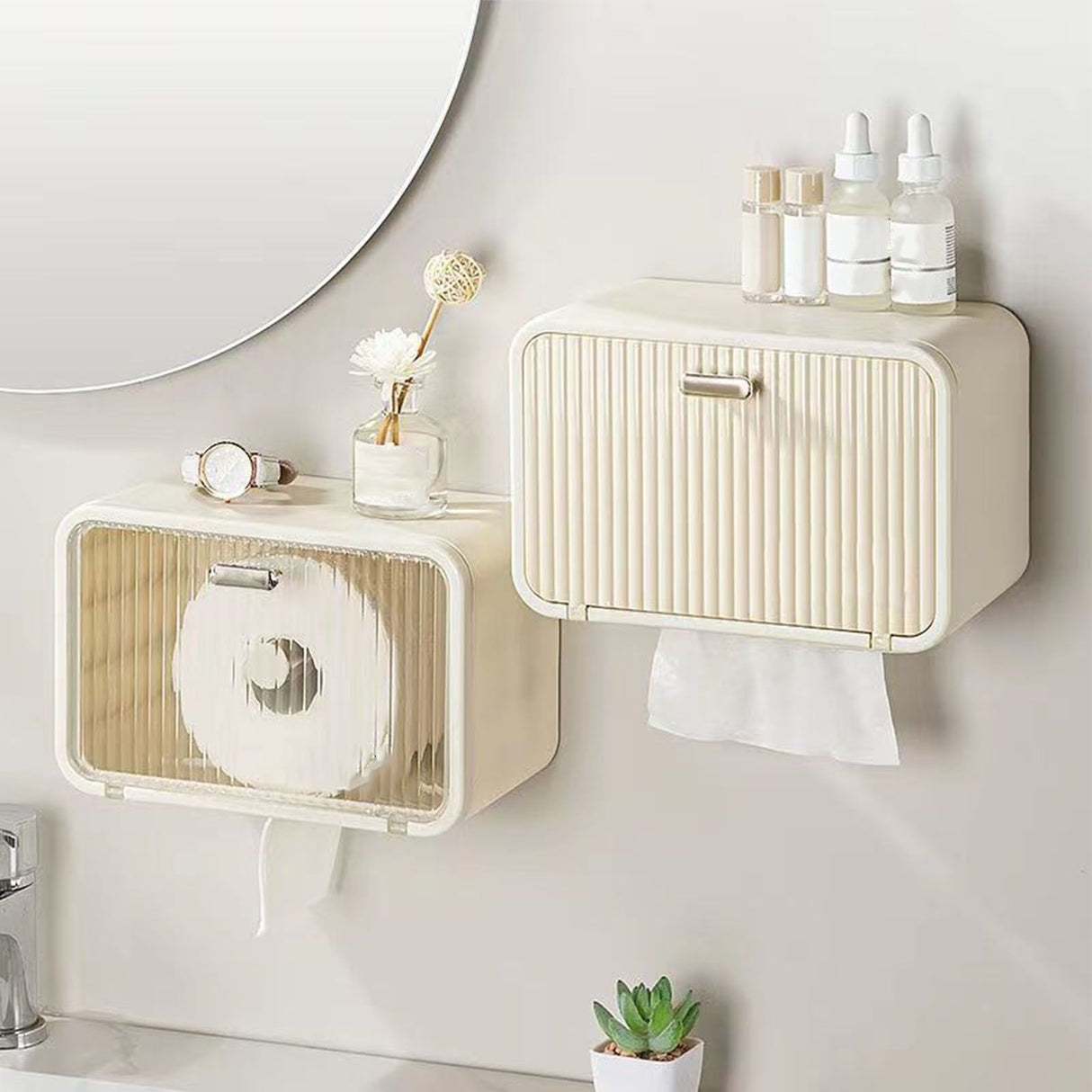 Tissue Box Cover Wall Mounted 2 in 1 Waterproof Tissue Holder Dispenser Box Cover for Bathroom Milky White