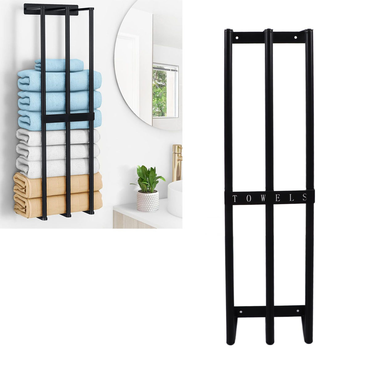 Towel Storage Rack Wall Mounted Black Iron Alloy 3 Bar Rolled Towel Holder for Bathroom