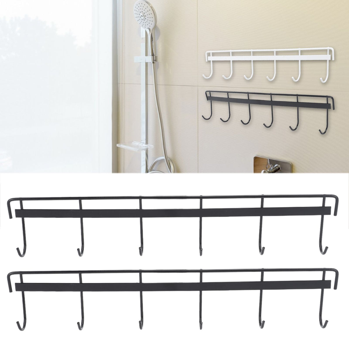2pcs Wall Mounted Coat Rack Stainless Steel Wall Hanging Coat Hook Rail with 6 Hooks for Clothes Towel Hat 6 Hooks 2 Black