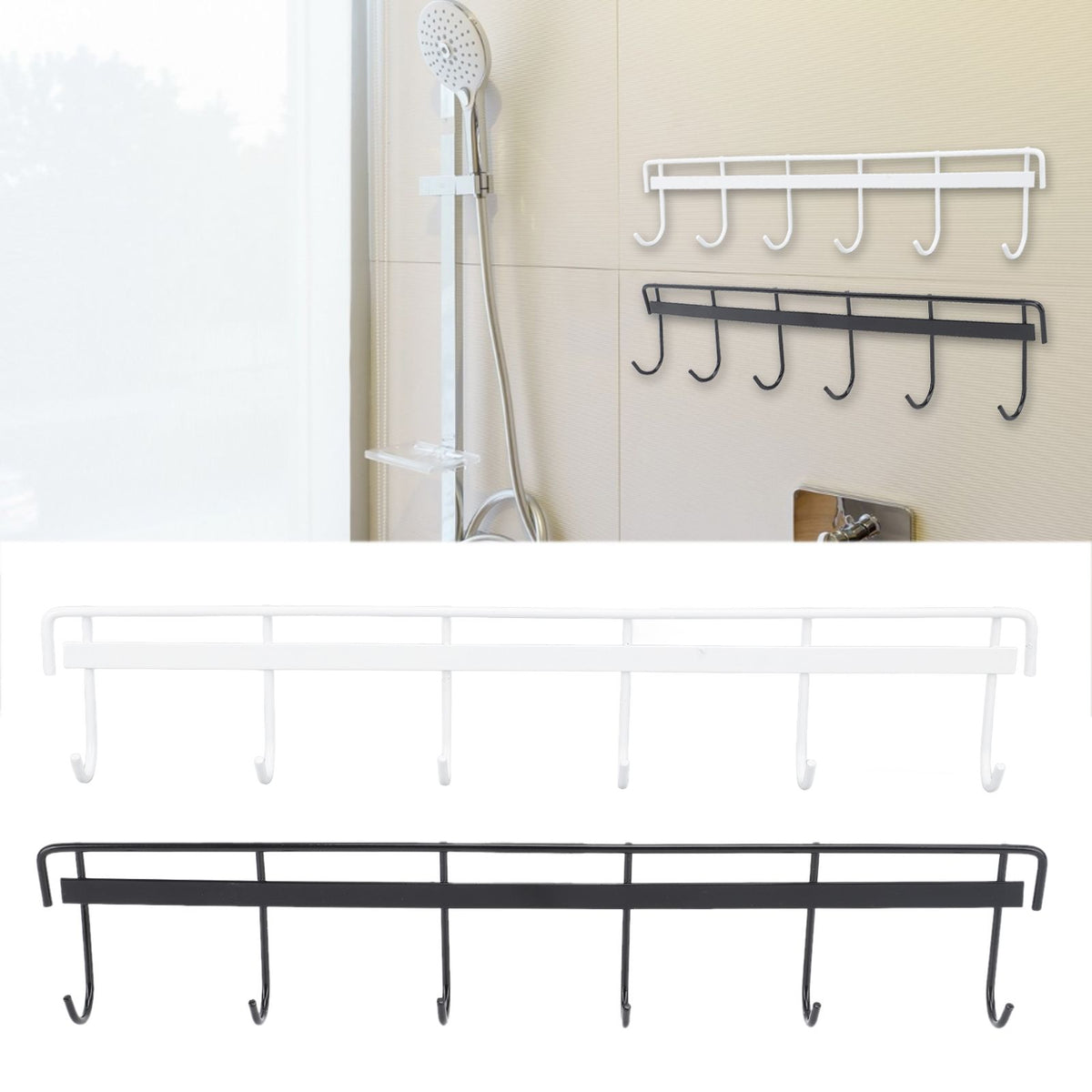 2pcs Wall Mounted Coat Rack Stainless Steel Wall Hanging Coat Hook Rail with 6 Hooks for Clothes Towel Hat 6 Hooks 1 Black 1 White