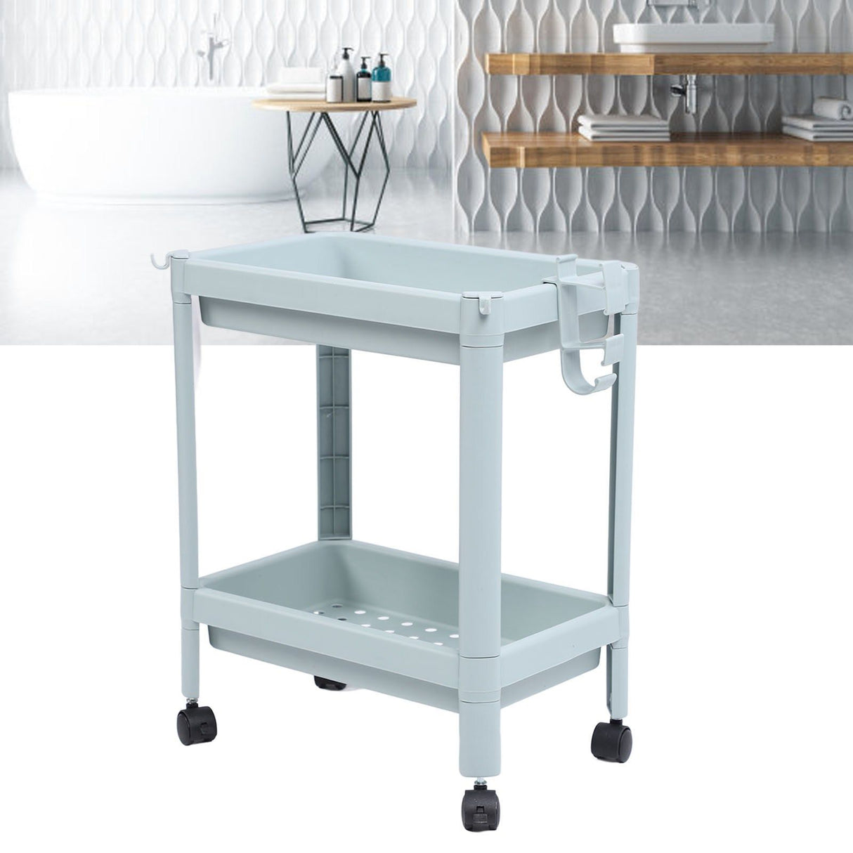 Bathroom Floor Storage Shelf Bathroom Storage Open Shelf Unit Freestanding Corner Rack Shelves Storage Rack Nordic Blue 2 Tier (with Wheels)