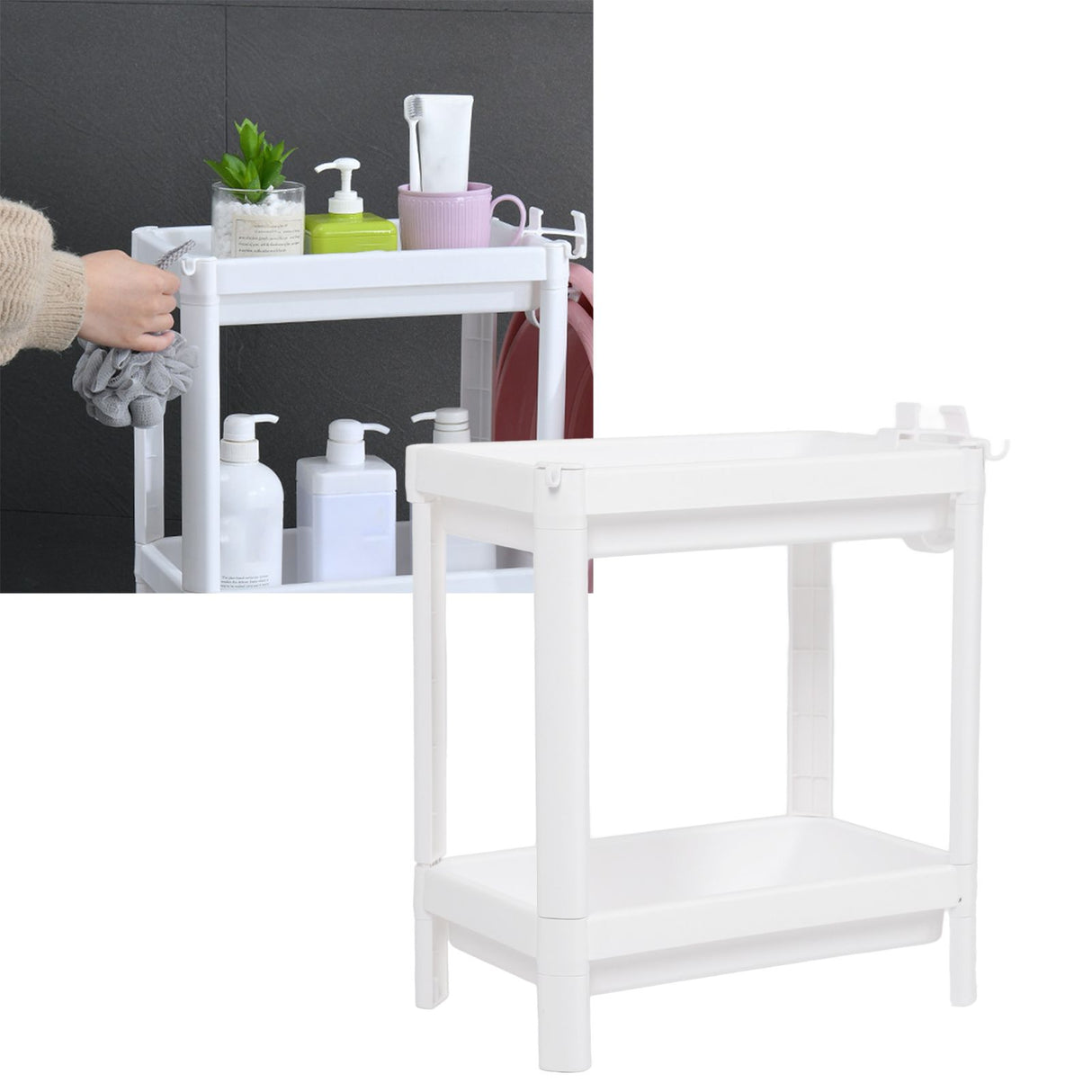 Bathroom Tower Shelf Plastic Freestanding Storage Rack Organizer Multifunctional Shelving Unit for Living Room Bedroom Kitchen White 2 Layers