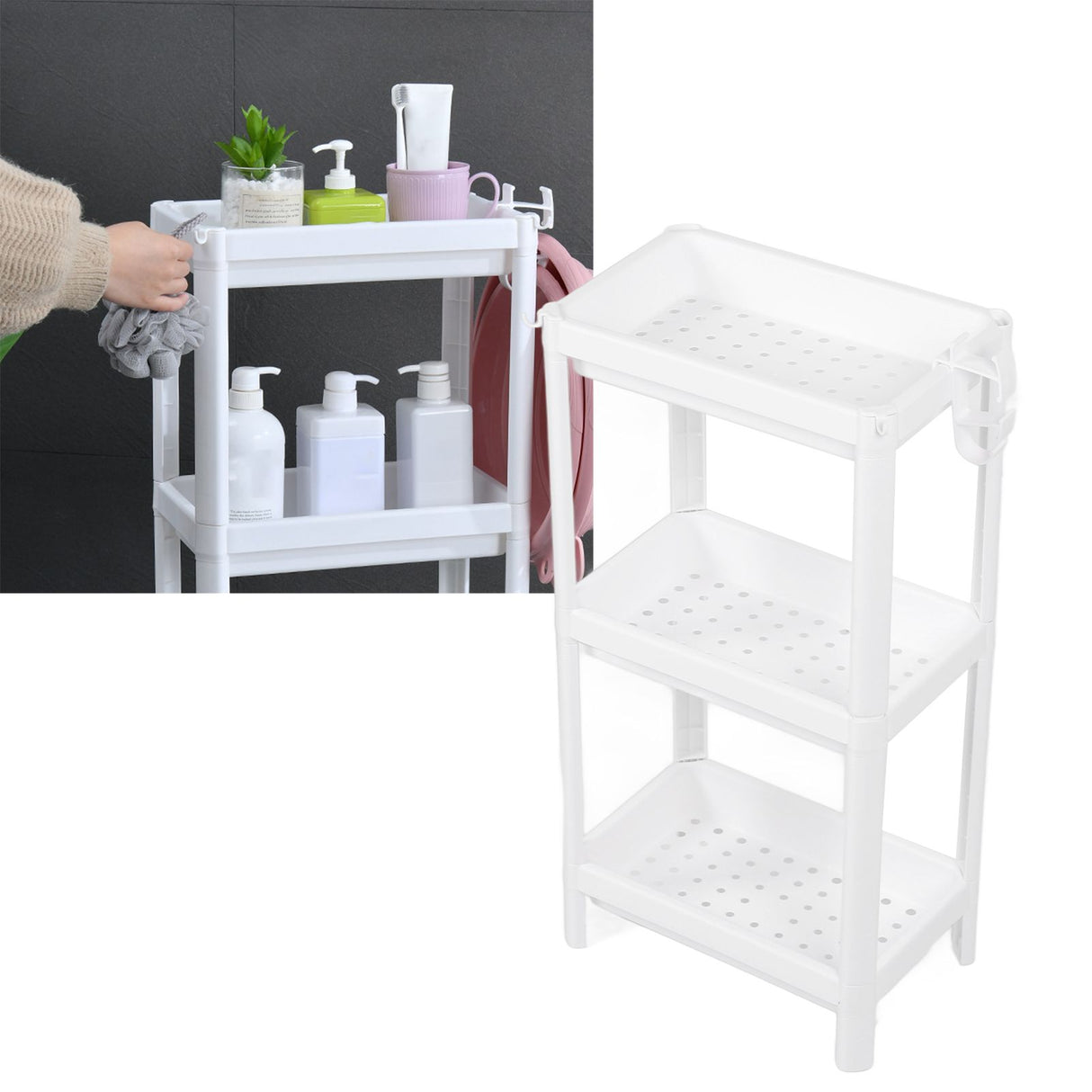 Bathroom Tower Shelf Plastic Freestanding Storage Rack Organizer Multifunctional Shelving Unit for Living Room Bedroom Kitchen White 3 Layers