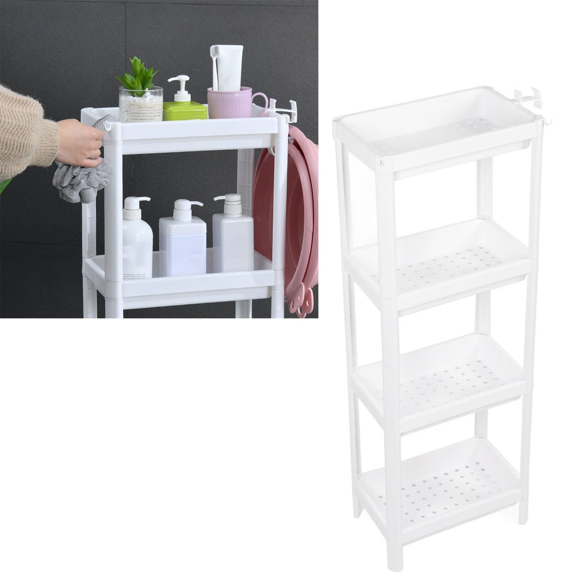 Bathroom Tower Shelf Plastic Freestanding Storage Rack Organizer Multifunctional Shelving Unit for Living Room Bedroom Kitchen White 4 Layers