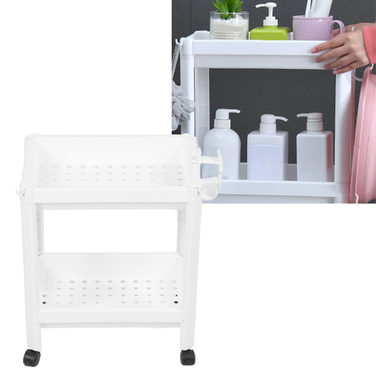 Bathroom Tower Shelf Plastic Freestanding Storage Rack Organizer Multifunctional Shelving Unit for Living Room Bedroom Kitchen White 2 Layers (with Wheel)
