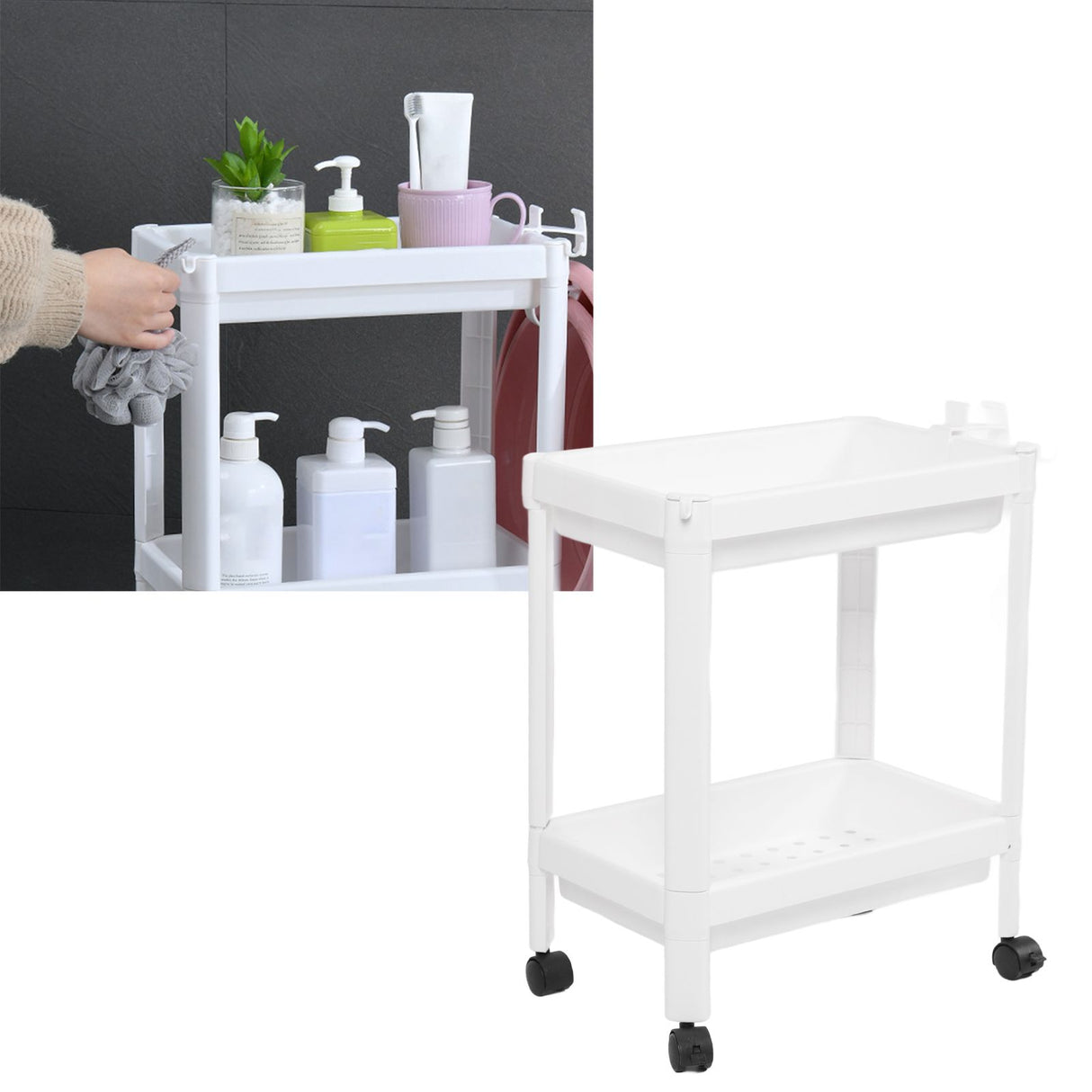 Bathroom Tower Shelf Plastic Freestanding Storage Rack Organizer Multifunctional Shelving Unit for Living Room Bedroom Kitchen White 2 Layers (with Wheel)