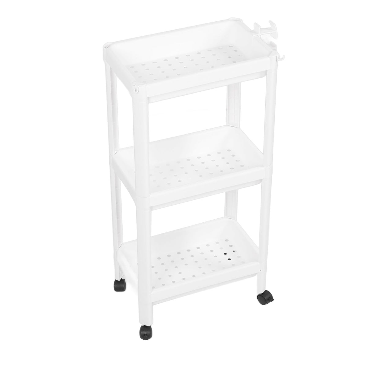 Bathroom Tower Shelf Plastic Freestanding Storage Rack Organizer Multifunctional Shelving Unit for Living Room Bedroom Kitchen White 3 Layers (with Wheel)