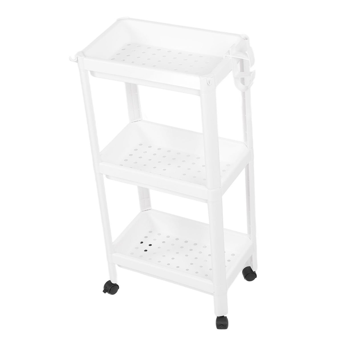 Bathroom Tower Shelf Plastic Freestanding Storage Rack Organizer Multifunctional Shelving Unit for Living Room Bedroom Kitchen White 3 Layers (with Wheel)