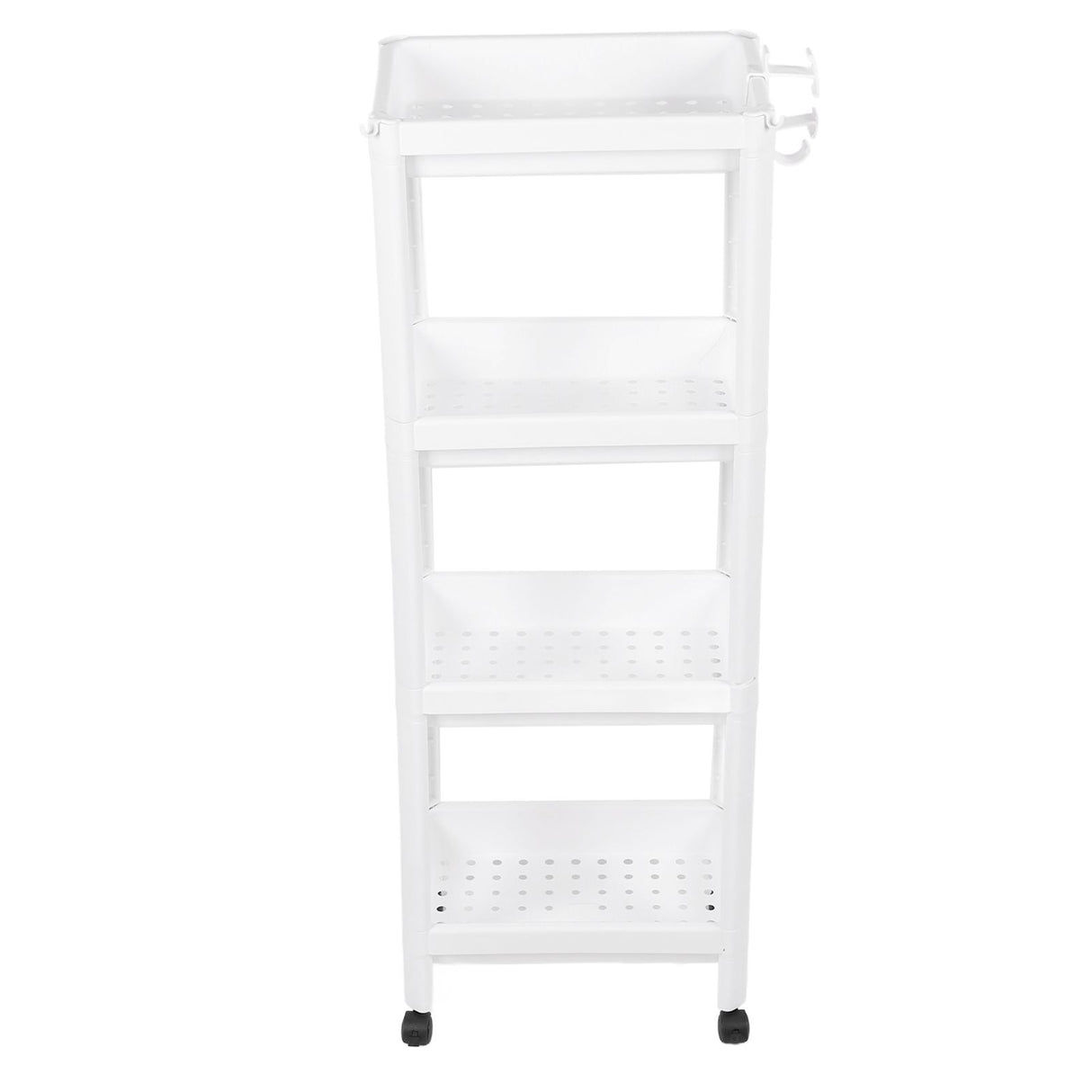 Bathroom Tower Shelf Plastic Freestanding Storage Rack Organizer Multifunctional Shelving Unit for Living Room Bedroom Kitchen White 4 Layers (with Wheel)