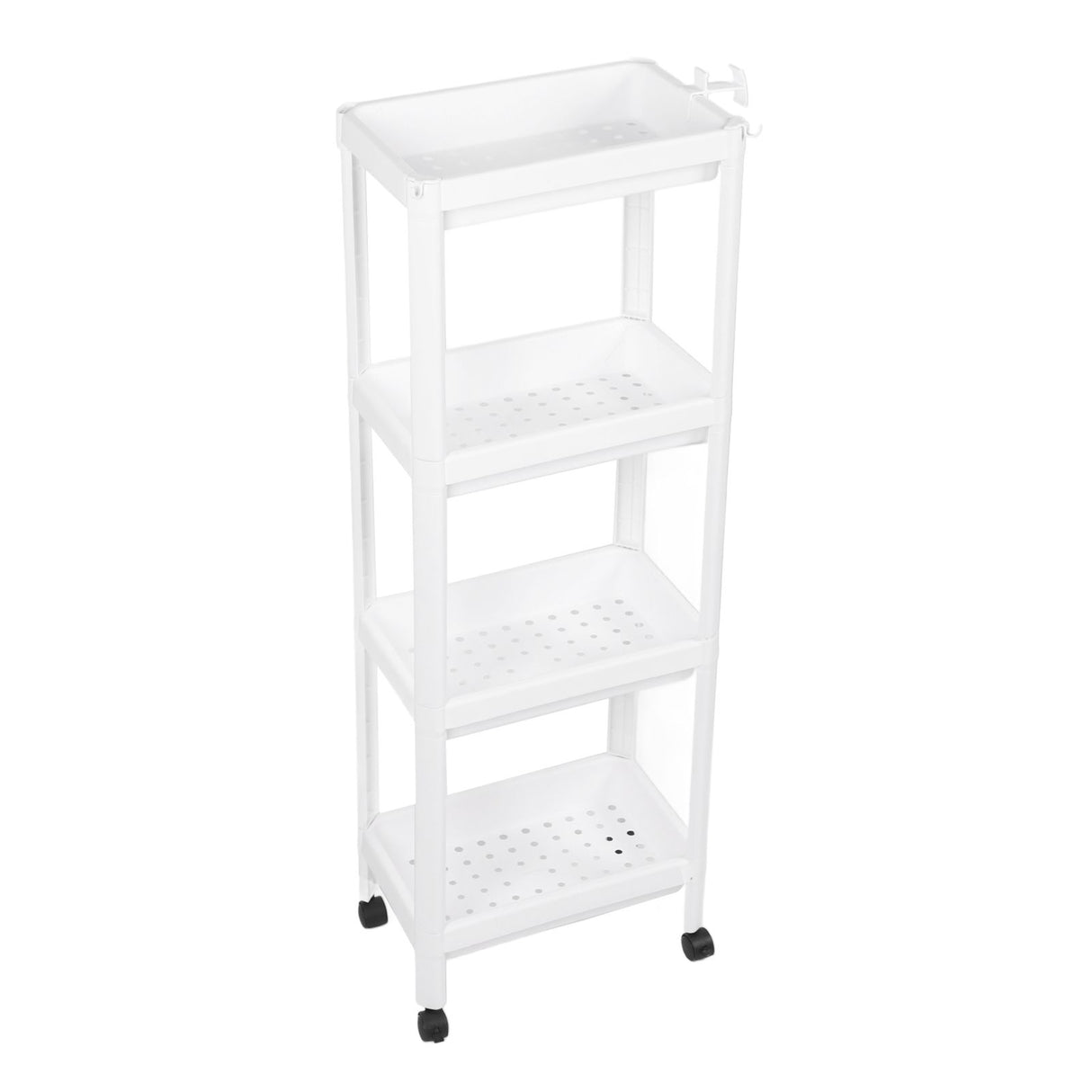 Bathroom Tower Shelf Plastic Freestanding Storage Rack Organizer Multifunctional Shelving Unit for Living Room Bedroom Kitchen White 4 Layers (with Wheel)
