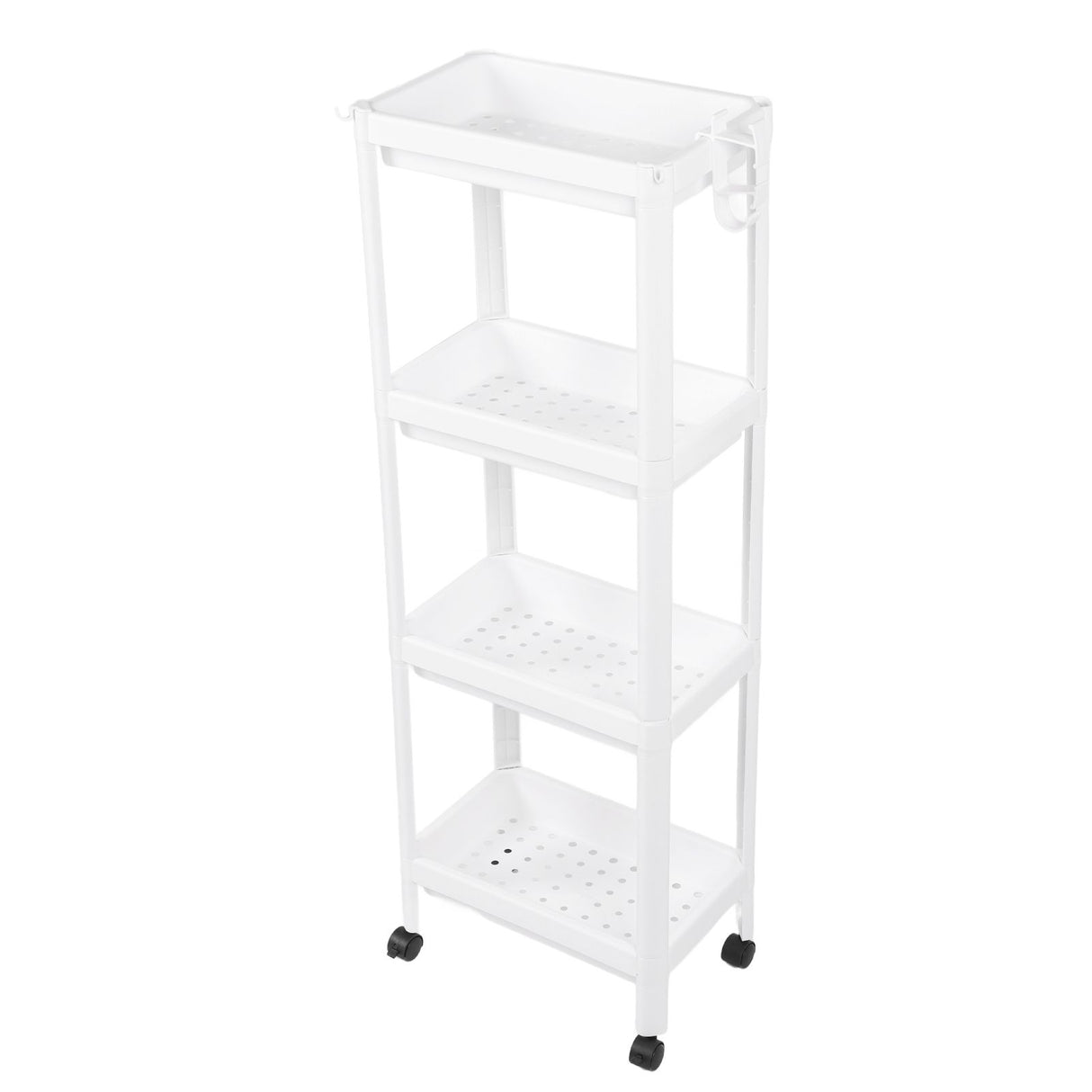 Bathroom Tower Shelf Plastic Freestanding Storage Rack Organizer Multifunctional Shelving Unit for Living Room Bedroom Kitchen White 4 Layers (with Wheel)