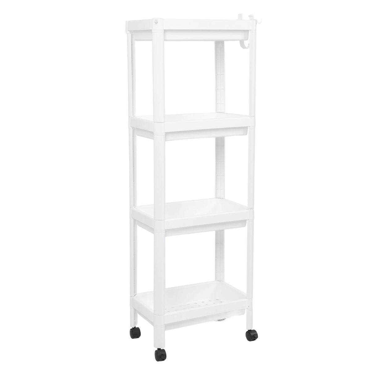 Bathroom Tower Shelf Plastic Freestanding Storage Rack Organizer Multifunctional Shelving Unit for Living Room Bedroom Kitchen White 4 Layers (with Wheel)