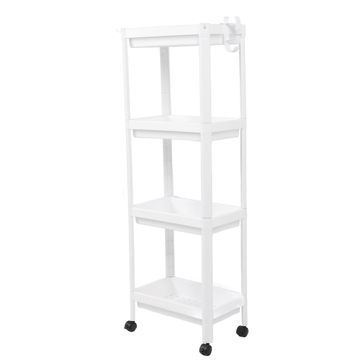 Bathroom Tower Shelf Plastic Freestanding Storage Rack Organizer Multifunctional Shelving Unit for Living Room Bedroom Kitchen White 4 Layers (with Wheel)