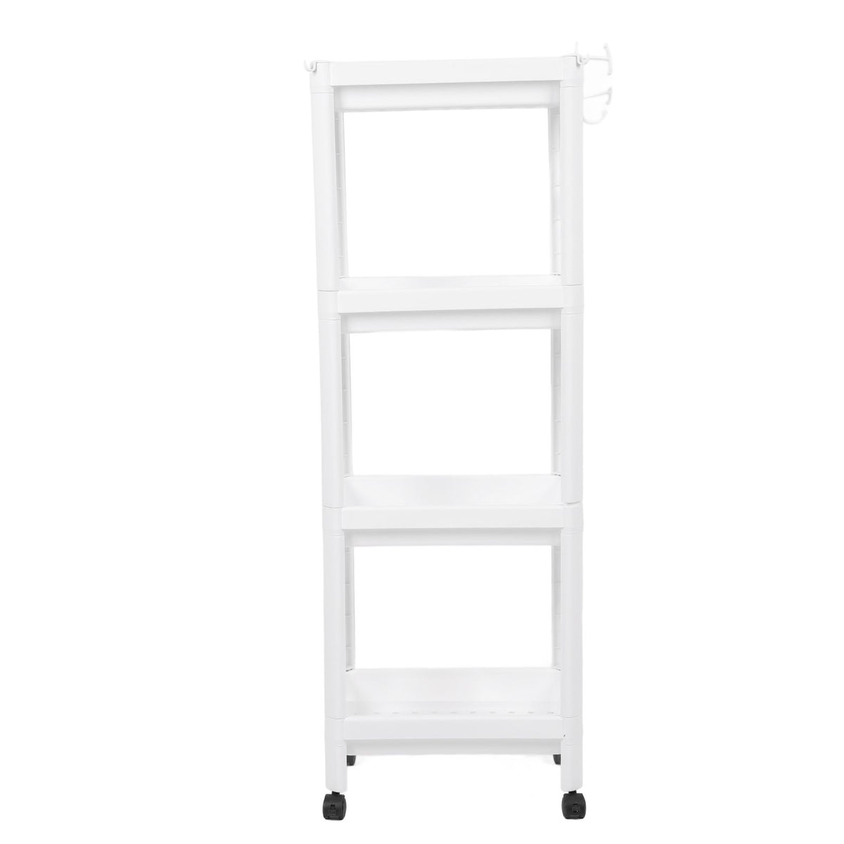 Bathroom Tower Shelf Plastic Freestanding Storage Rack Organizer Multifunctional Shelving Unit for Living Room Bedroom Kitchen White 4 Layers (with Wheel)