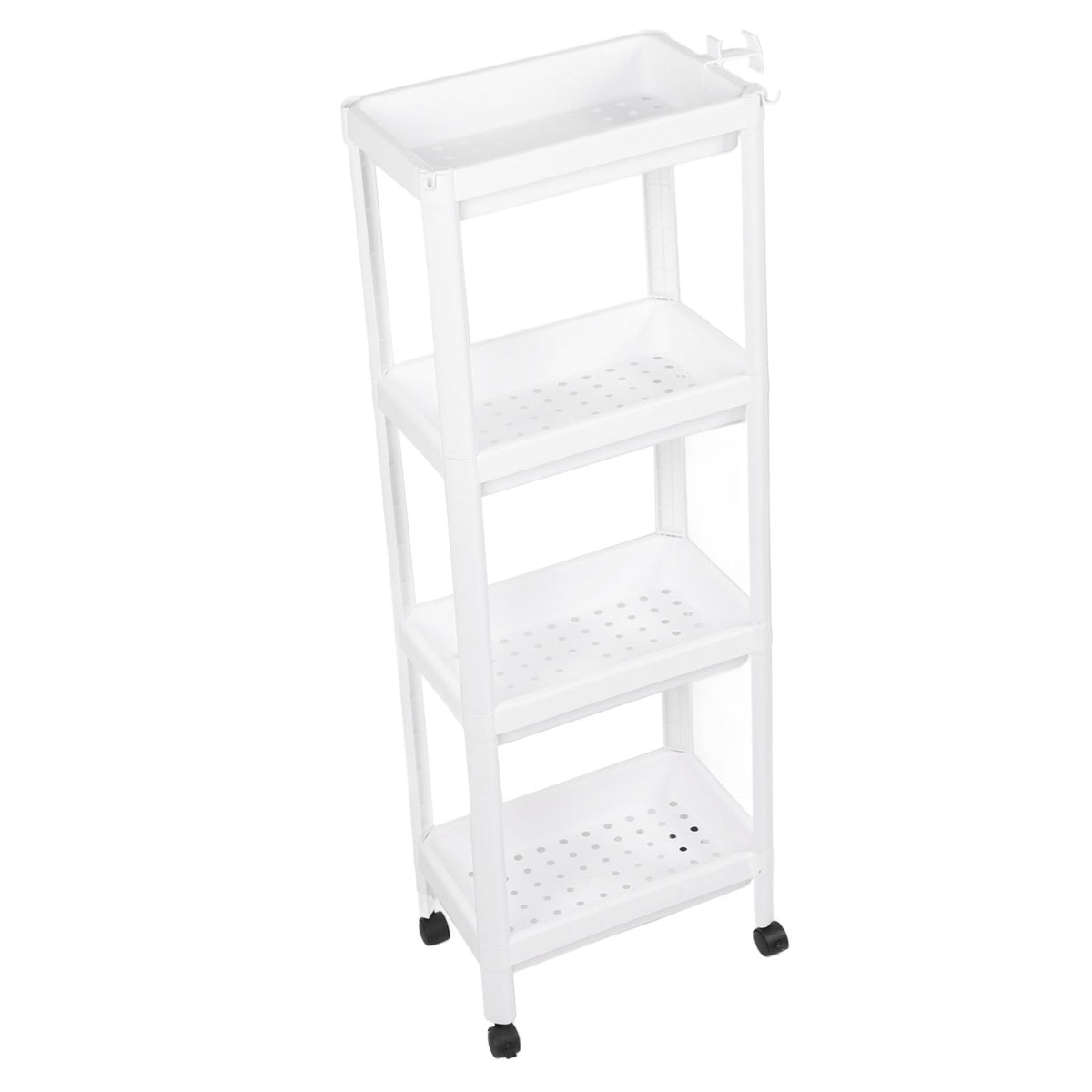 Bathroom Tower Shelf Plastic Freestanding Storage Rack Organizer Multifunctional Shelving Unit for Living Room Bedroom Kitchen White 4 Layers (with Wheel)