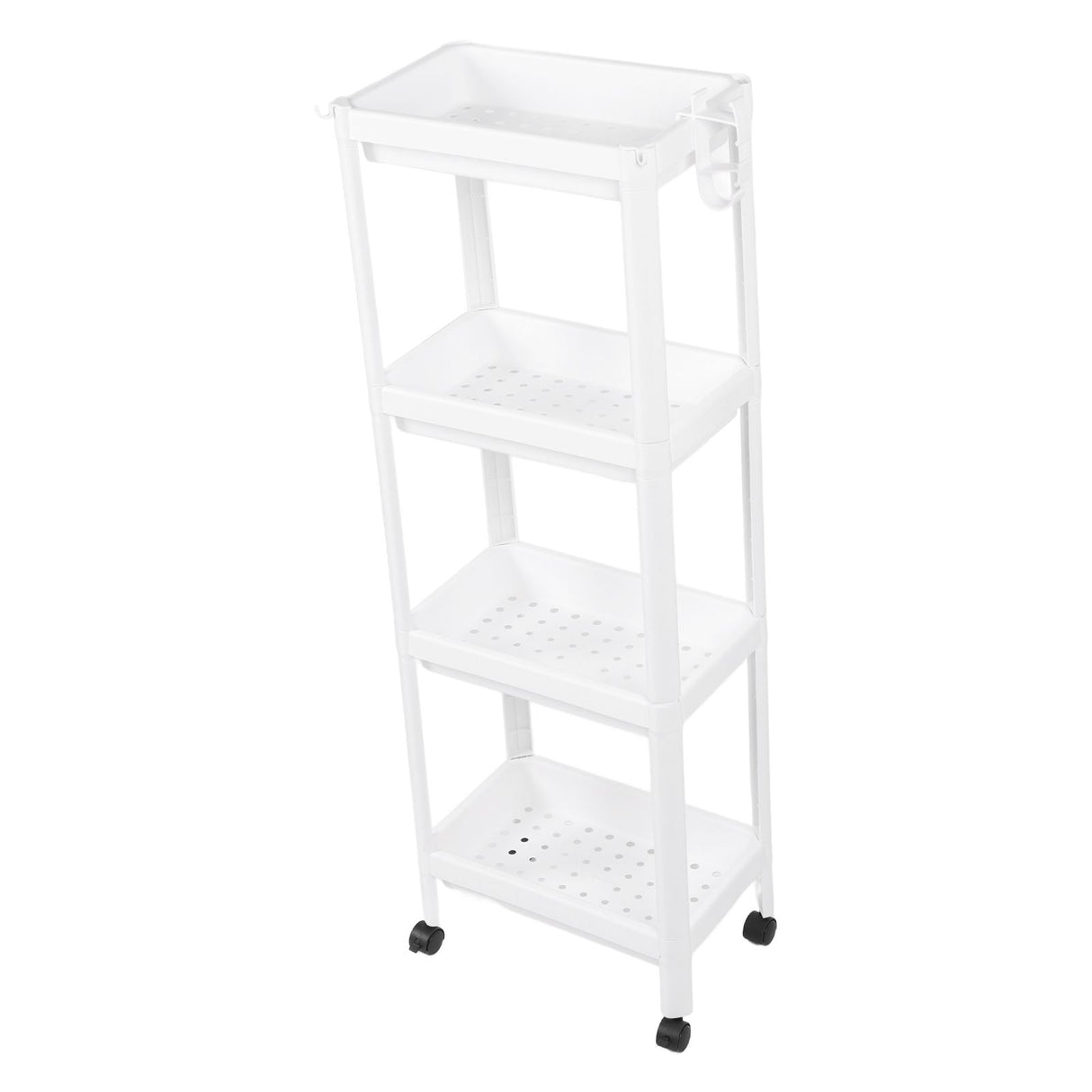Bathroom Tower Shelf Plastic Freestanding Storage Rack Organizer Multifunctional Shelving Unit for Living Room Bedroom Kitchen White 4 Layers (with Wheel)