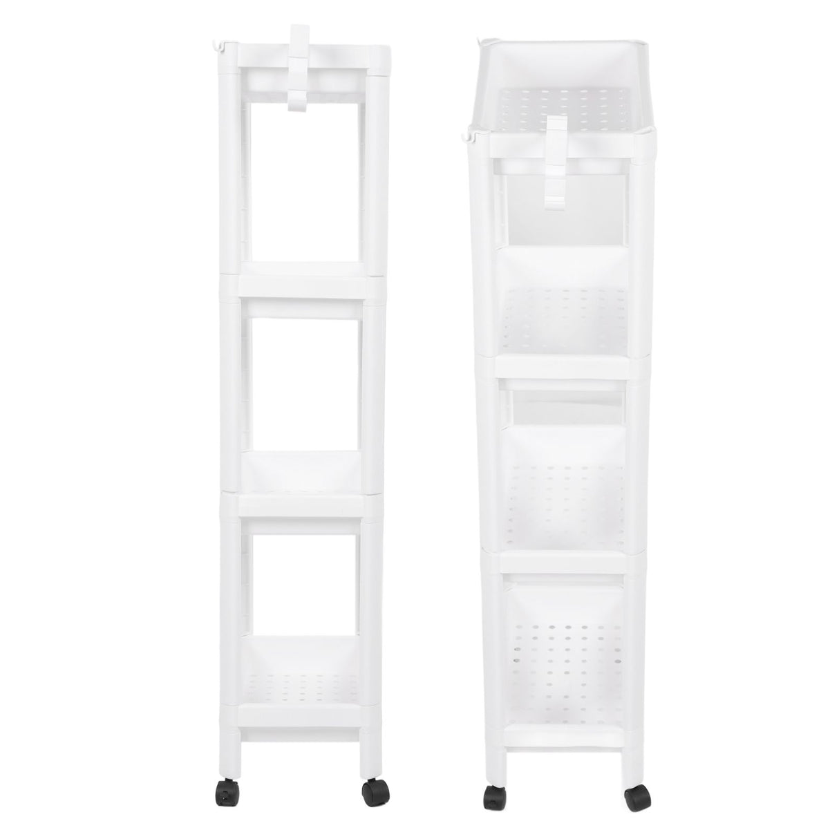 Bathroom Tower Shelf Plastic Freestanding Storage Rack Organizer Multifunctional Shelving Unit for Living Room Bedroom Kitchen White 4 Layers (with Wheel)