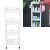 Bathroom Tower Shelf Plastic Freestanding Storage Rack Organizer Multifunctional Shelving Unit for Living Room Bedroom Kitchen White 4 Layers (with Wheel)